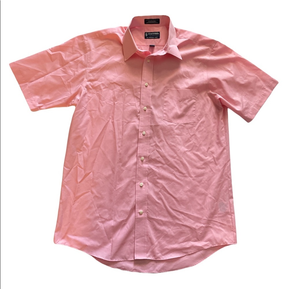 New Stafford The Everyday Shirt Button Up Mens Size 16 Pink, Classic Fit,Pocket